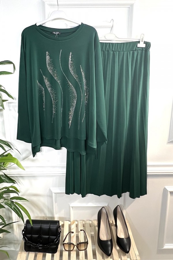 Yağmur Taşlı Sandy Etekli Takım -Zümrüt