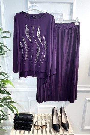 Yağmur Taşlı Sandy Etekli Takım -Mürdüm Yağmur Taşlı Sandy Etekli Takım -Mürdüm