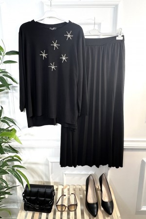 İncim Taş ve İncili Sandy Etekli Takım - Siyah İncim Taş ve İncili Sandy Etekli Takım - Siyah