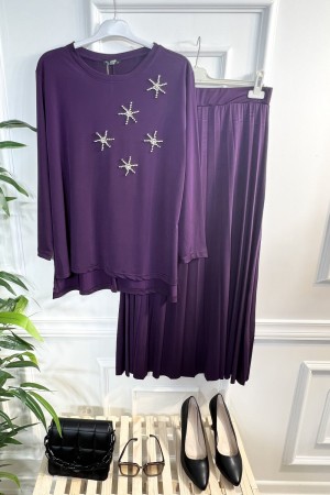 İncim Taş ve İncili Sandy Etekli Takım - Mürdüm İncim Taş ve İncili Sandy Etekli Takım - Mürdüm