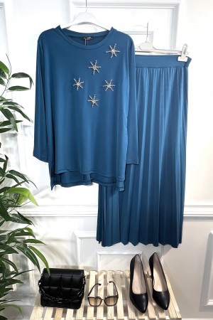 İncim Taş ve İncili Sandy Etekli Takım - Petrol İncim Taş ve İncili Sandy Etekli Takım - Petrol