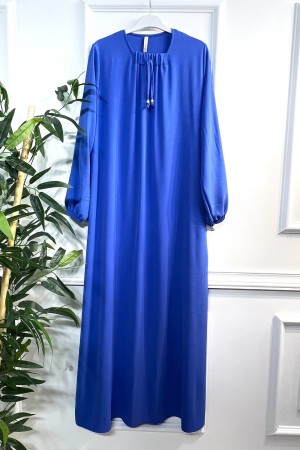 Nehir Yakası Büzgü Bağcıklı Ayrobin Elbise - Mavi Nehir Yakası Büzgü Bağcıklı Ayrobin Elbise - Mavi