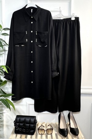 Hüma İncili Cepli Keten İkili Takım - Siyah Hüma İncili Cepli Keten İkili Takım - Siyah