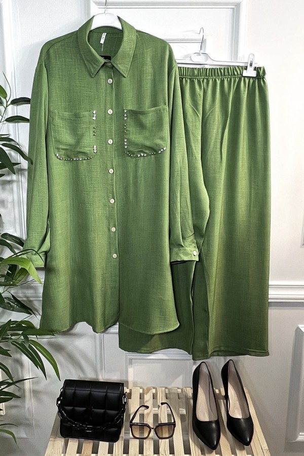 Hüma İncili Cepli Keten İkili Takım - Fıstık Yeşil Hüma İncili Cepli Keten İkili Takım - Fıstık Yeşil