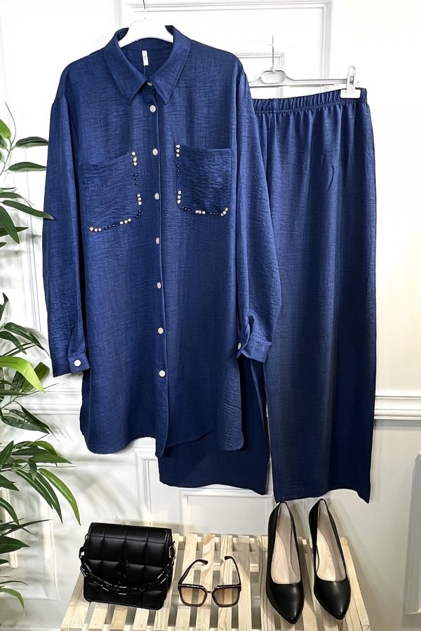 Hüma İncili Cepli Keten İkili Takım - İndigo Hüma İncili Cepli Keten İkili Takım - İndigo