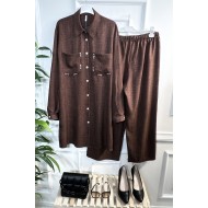 Hüma İncili Cepli Keten İkili Takım - Kahverengi Hüma İncili Cepli Keten İkili Takım - Kahverengi