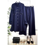 Hüma İncili Cepli Keten İkili Takım - Lacivert