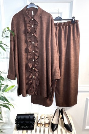 Rana Fırfır Detaylı Keten İkili Takım - Kahverengi Rana Fırfır Detaylı Keten İkili Takım - Kahverengi