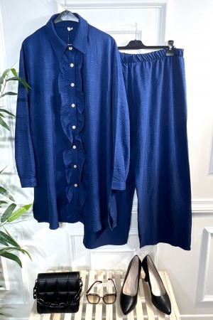 Rana Fırfır Detaylı Keten İkili Takım - İndigo Rana Fırfır Detaylı Keten İkili Takım - İndigo