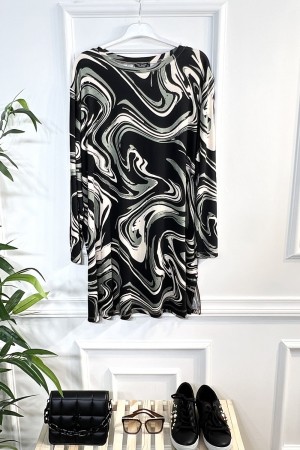 Nilay Full Likralı Penye Viskon Tunik-KOLYE HEDİYELİ - Siyah Yeşil Dalga