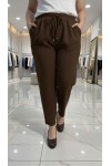 Cazibe İthal Dabıl Beli Lastikli Dar Paça Pantolon-Kahverengi