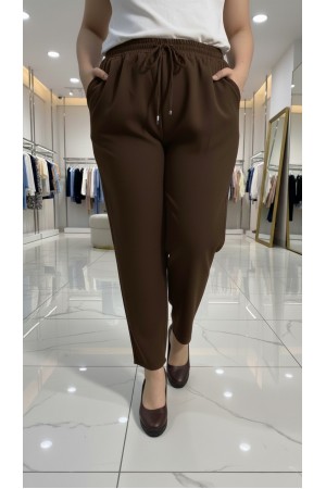 Cazibe İthal Dabıl Beli Lastikli Dar Paça Pantolon-Kahverengi