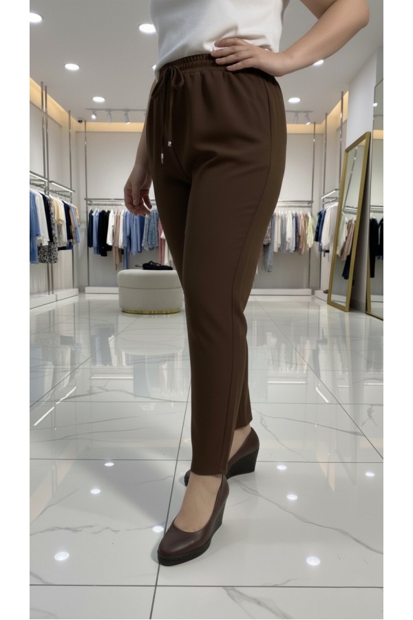 Cazibe İthal Dabıl Beli Lastikli Dar Paça Pantolon-Kahverengi