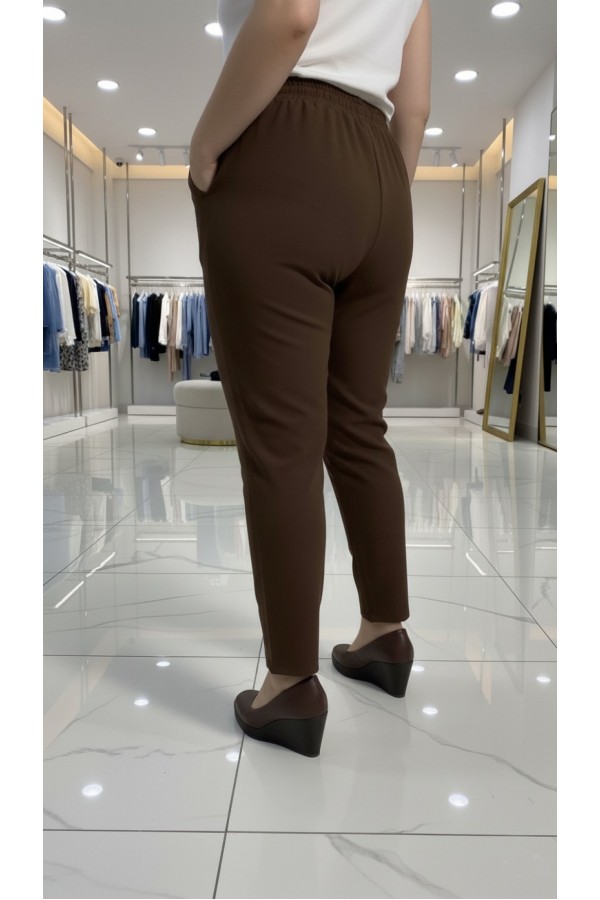 Cazibe İthal Dabıl Beli Lastikli Dar Paça Pantolon-Kahverengi