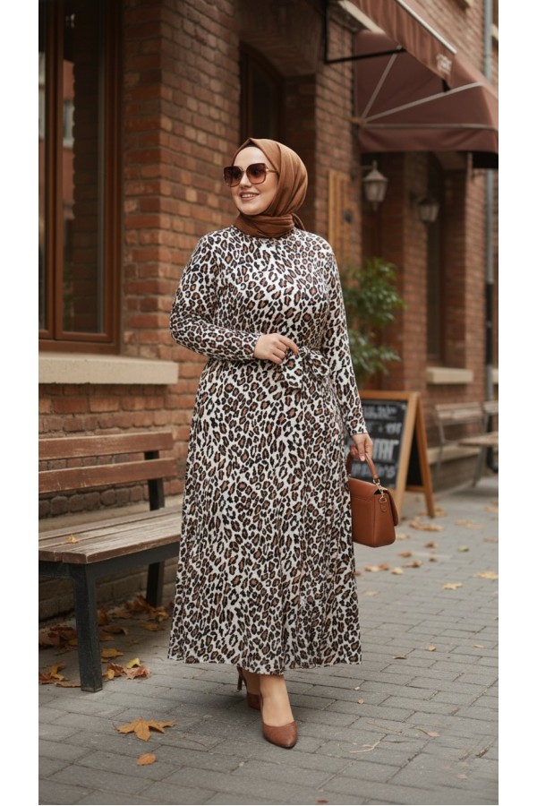 Adel Full Esnek Likralı Leopar Desenli Elbise-Leopar