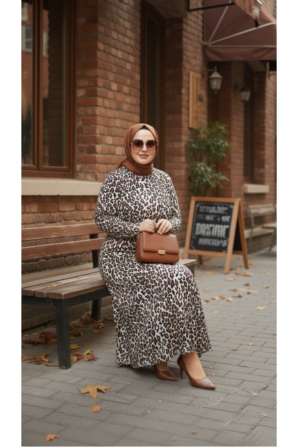 Adel Full Esnek Likralı Leopar Desenli Elbise-Leopar