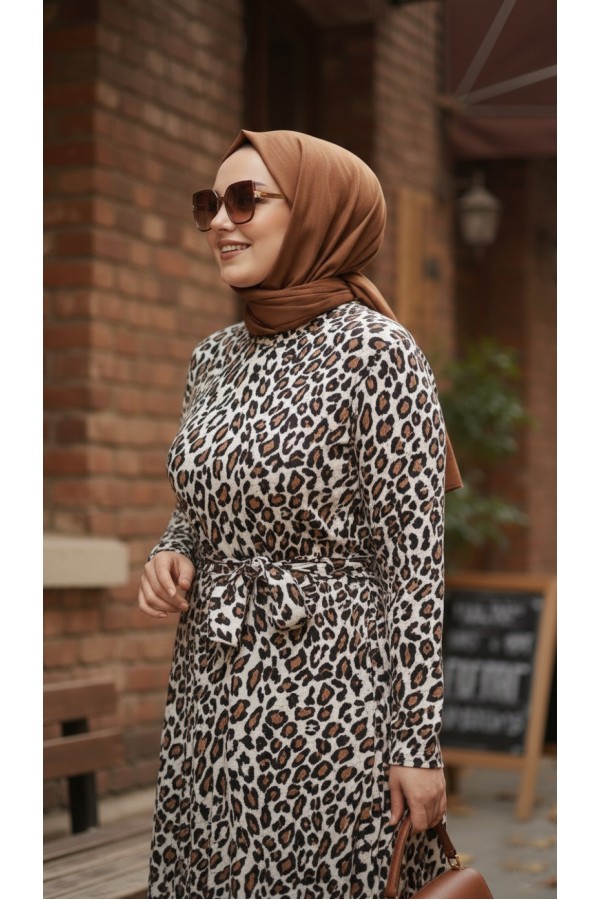 Adel Full Esnek Likralı Leopar Desenli Elbise-Leopar