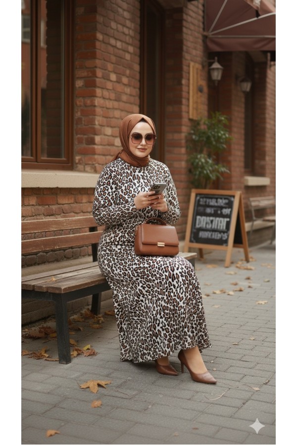 Adel Full Esnek Likralı Leopar Desenli Elbise-Leopar