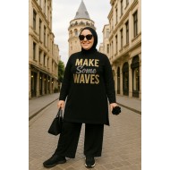 Emel Lüks Penye Taş Detaylı Baskılı Takım- Siyah