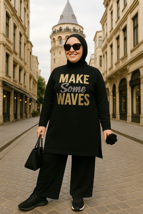 Emel Lüks Penye Taş Detaylı Baskılı Takım- Siyah Emel Lüks Penye Taş Detaylı Baskılı Takım- Siyah