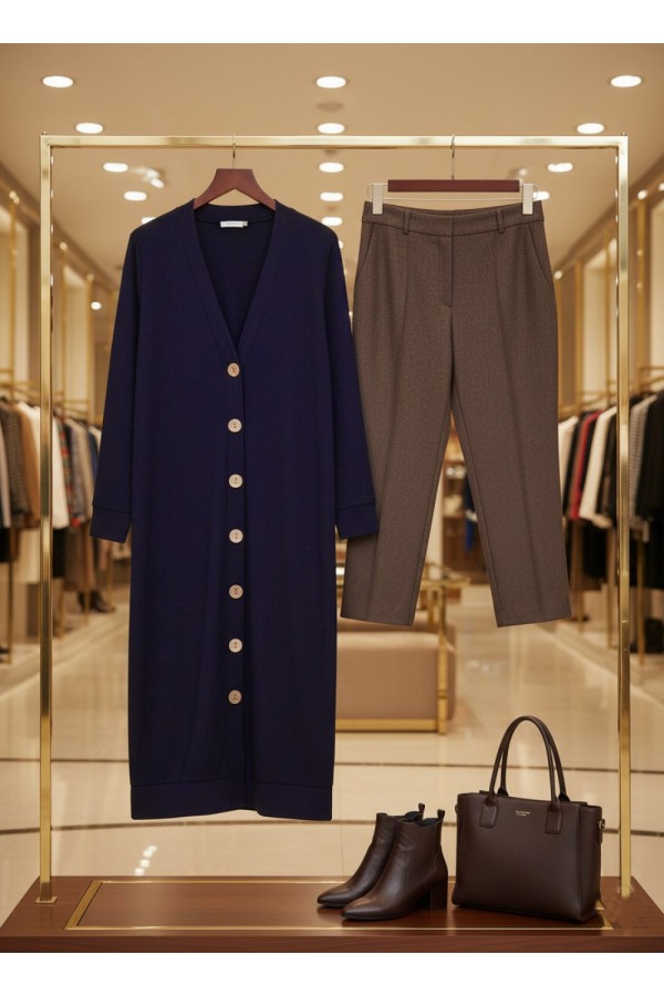 Miranda Düğmeli Full Esnek Likralı Hırka - Lacivert