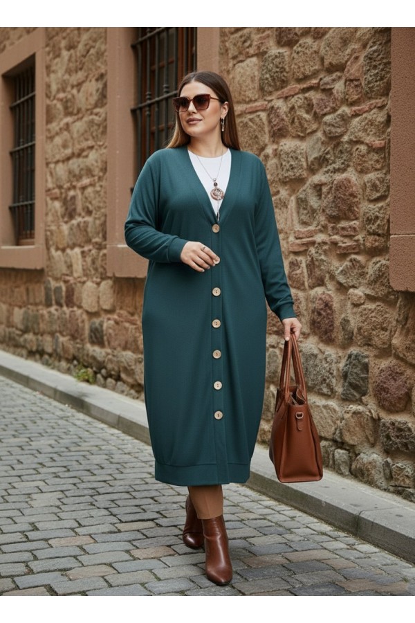 Miranda Düğmeli Full Esnek Likralı Hırka - Petrol