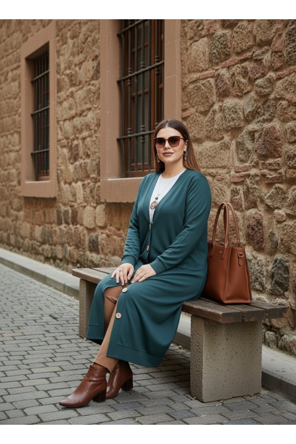 Miranda Düğmeli Full Esnek Likralı Hırka - Petrol