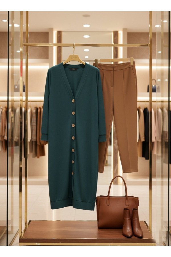 Miranda Düğmeli Full Esnek Likralı Hırka - Petrol