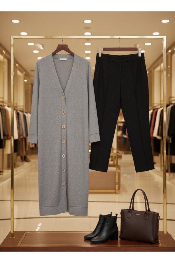 Miranda Düğmeli Full Esnek Likralı Hırka - Gri