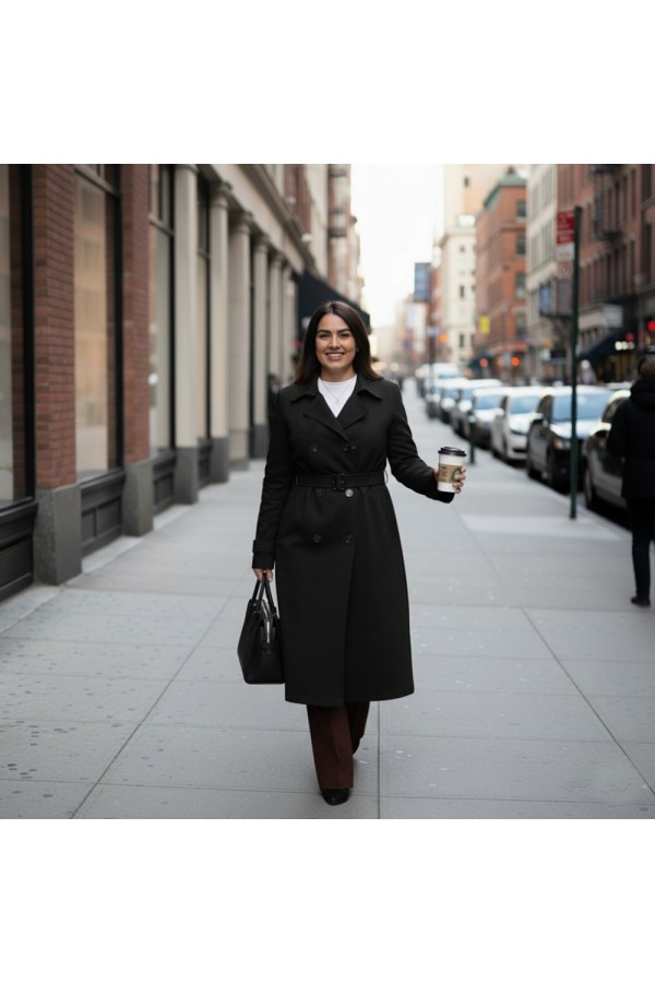 Ela Su Geçirmez Çift Düğmeli Yakalı Astarlı Trenç-Siyah Ela Su Geçirmez Çift Düğmeli Yakalı Astarlı Trenç-Siyah