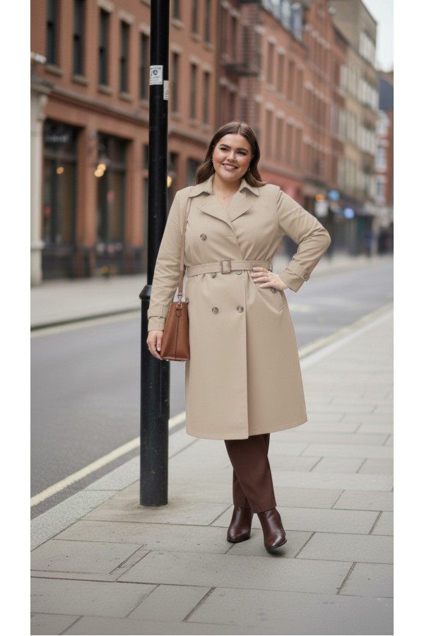 Ela Su Geçirmez Çift Düğmeli Yakalı Astarlı Trenç-Bej