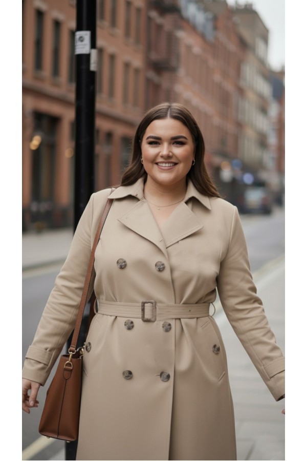 Ela Su Geçirmez Çift Düğmeli Yakalı Astarlı Trenç-Bej