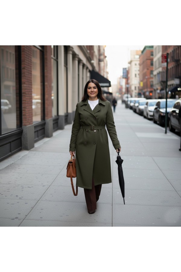 Ela Su Geçirmez Çift Düğmeli Yakalı Astarlı Trenç-Haki