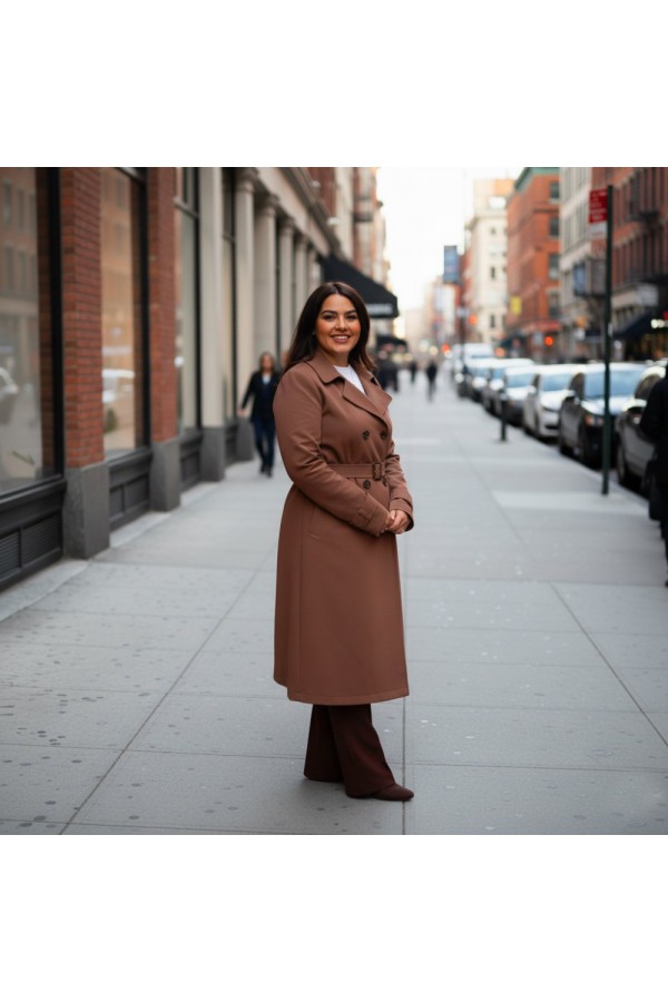 Ela Su Geçirmez Çift Düğmeli Yakalı Astarlı Trenç-Kahverengi