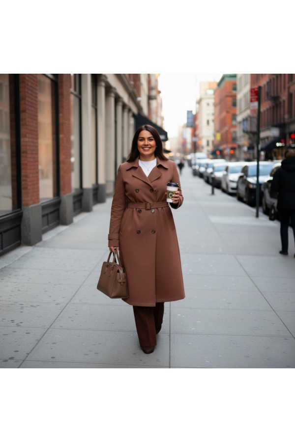 Ela Su Geçirmez Çift Düğmeli Yakalı Astarlı Trenç-Kahverengi
