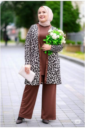 Sırma Full Likralı Leoparlı Üçlü Takım - Kahverengi
