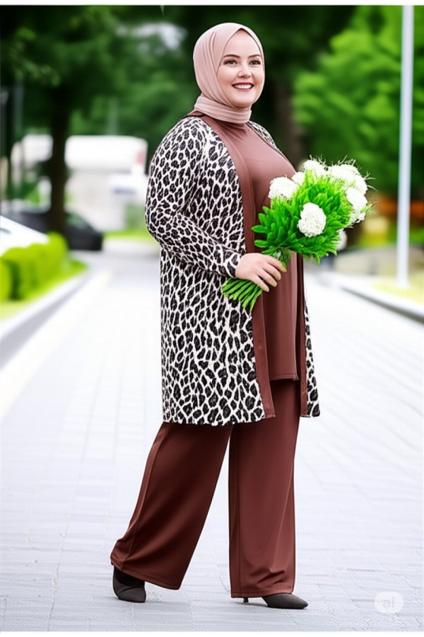 Sırma Full Likralı Leoparlı Üçlü Takım - Kahverengi