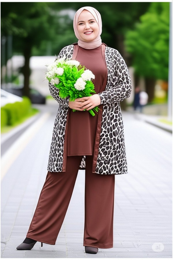 Sırma Full Likralı Leoparlı Üçlü Takım - Kahverengi