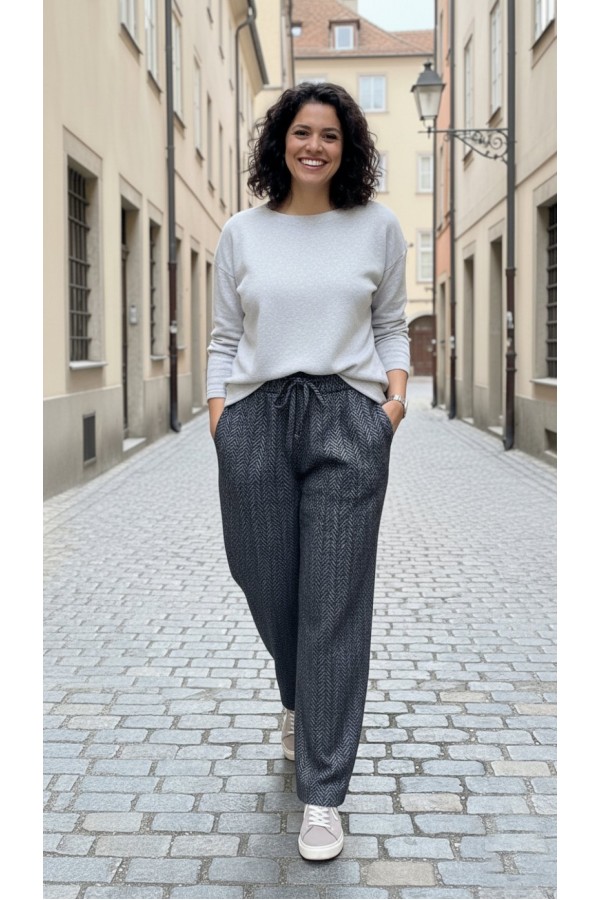 Dilan Bol Paça Beli Lastikli Yumuşak Kaşe Pantolon-Füme Balıksırtı