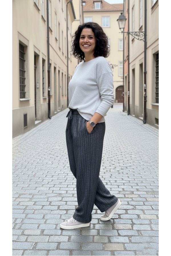 Dilan Bol Paça Beli Lastikli Yumuşak Kaşe Pantolon-Füme Balıksırtı