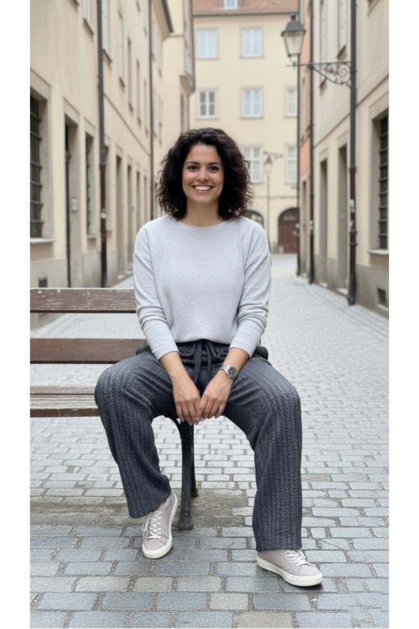 Dilan Bol Paça Beli Lastikli Yumuşak Kaşe Pantolon-Füme Balıksırtı