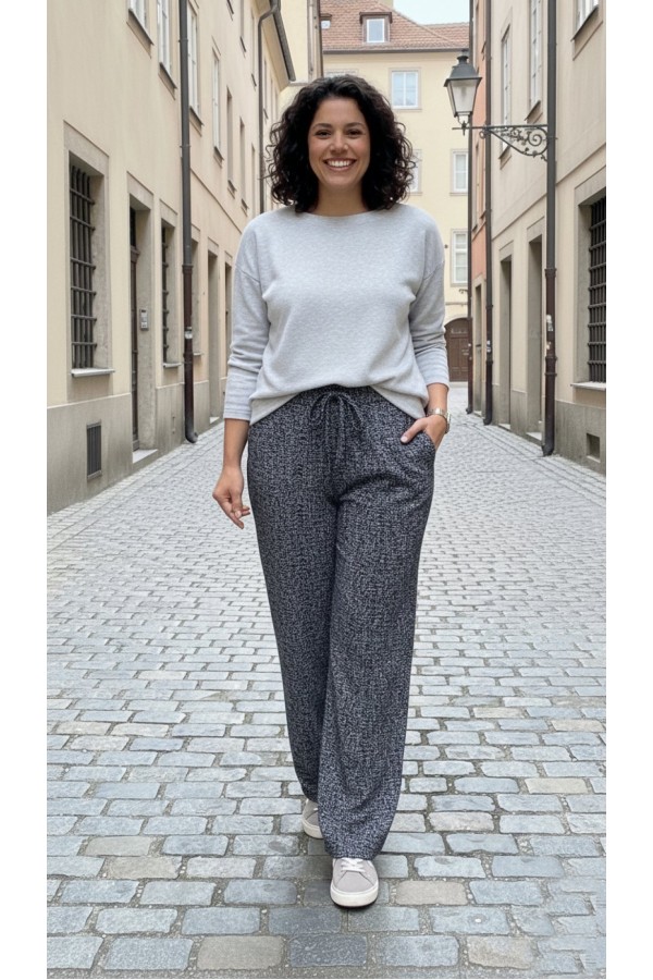 Dilan Bol Paça Beli Lastikli Yumuşak Kaşe Pantolon-Gri Karyağdı