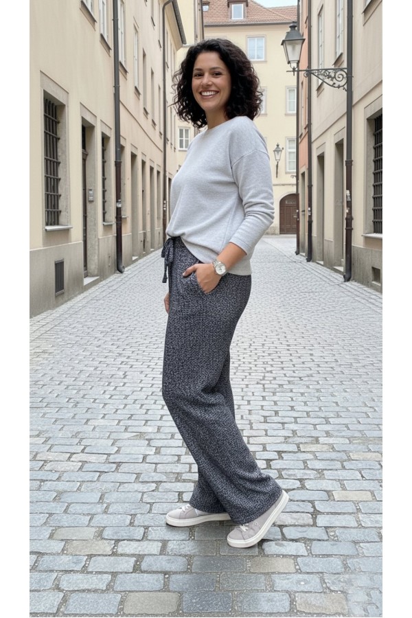 Dilan Bol Paça Beli Lastikli Yumuşak Kaşe Pantolon-Gri Karyağdı