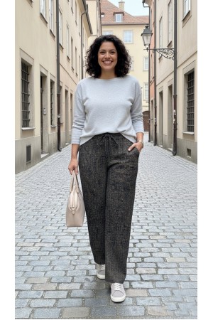 Dilan Bol Paça Beli Lastikli Yumuşak Kaşe Pantolon-Kahve Karyağdı