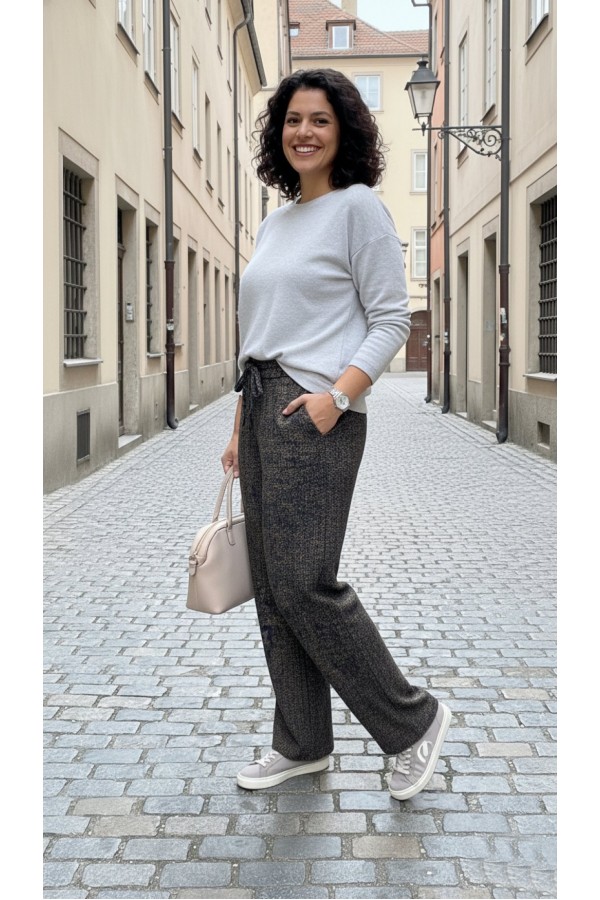 Dilan Bol Paça Beli Lastikli Yumuşak Kaşe Pantolon-Kahve Karyağdı