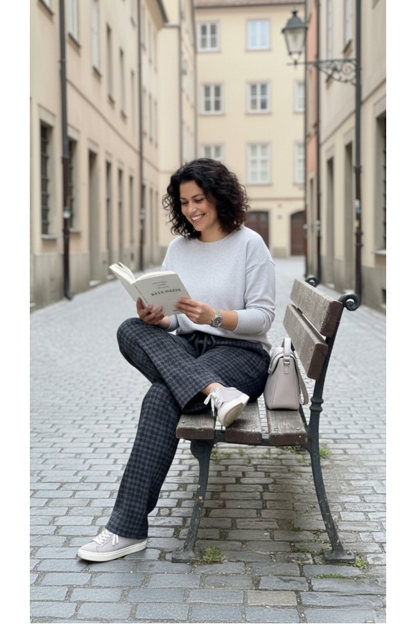 Dilan Bol Paça Beli Lastikli Yumuşak Kaşe Pantolon-Siyah Tetris