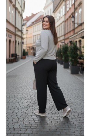 Dilan Bol Paça Beli Lastikli Yumuşak Kaşe Pantolon-Siyah Çizgi