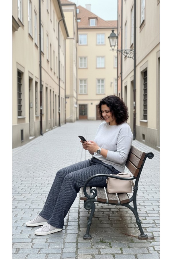 Dilan Bol Paça Beli Lastikli Yumuşak Kaşe Pantolon-Siyah Zincir