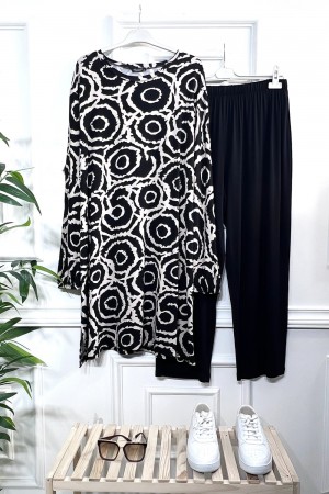 Alev Full Esnek Likralı Penye Viskon İkili Takım-Siyah Krem Halka