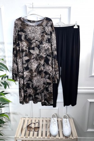 Alev Full Esnek Likralı Penye Viskon İkili Takım-Siyah Kahve Yaprak